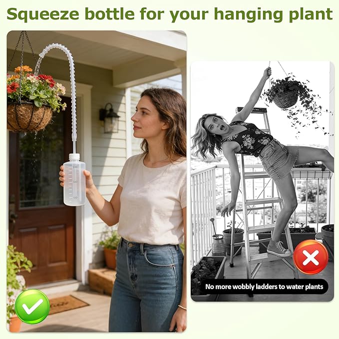 Squeeze Bottle for Hanging Plants - 16.9oz (500ml) 19.6 Inch Long Nozzle Watering Container with Adjustable Angle for Indoor & Outdoor Ceiling-Hung Plants