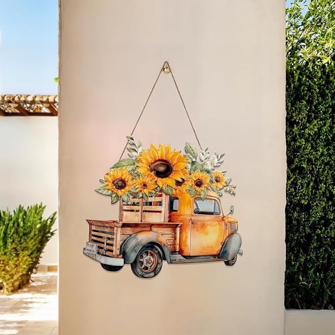 Quterhero Sunflower Truck Wall Decor, Metal Hanging Art for Home Porch or Indoor Outdoor Wall, Vintage Farmhouse Gift for Mom, Women, Friends(Yellow Truck)