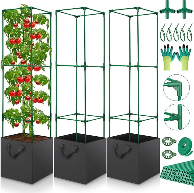 3 Pack Tomato Cages for Garden, Square Tomato Trellis with Grow Bags, 49 IN Tall Heavy Duty Tomato Plant Stakes Support Cages Trellis for Raised Beds Pots Garden Climbing Vegetables Flowers Fruits