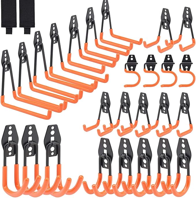 28 Pack Garage Hooks Heavy Duty, Industrial Wall Mount Garage Storage Hooks for Hanging Bike, Ladder and Garden Tools, Organization System with Mop Broom Holders, 100 LBS Capacity, Orange