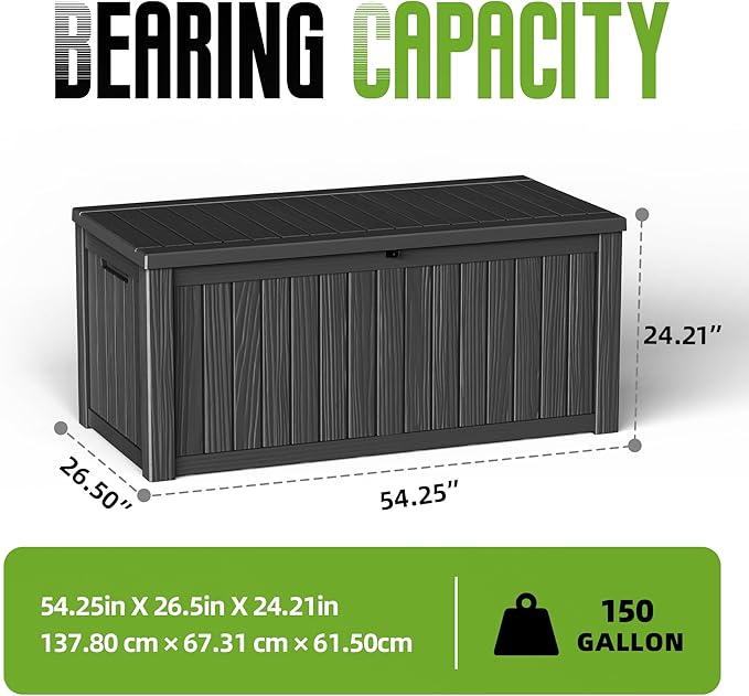 150 Gallon Outdoor Storage Deck Box Waterproof Resin Lockable Outside Bench Porch Patio Furniture Pool Float Garden Tool Cushion UV Resistant Bin Black