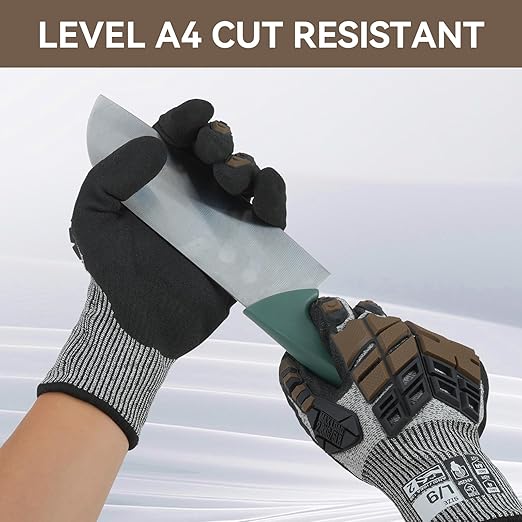 Safety Work Gloves, Impact Gloves for Men Women, Cut Resistant Non-Slip Heavy Duty Gloves with Nitrile Grip, Touch Screen Glove with Impact Protection for Mechanic Construction, Medium, Brown