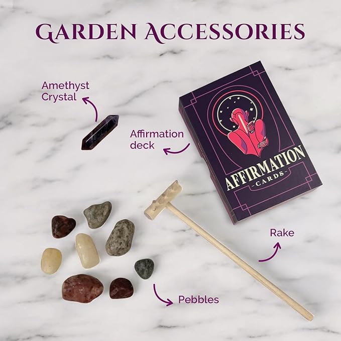 Wooden Zen Garden with Daily Affirmation Cards for Women and Men | Midnight Purple Sand with Rake & Amethyst Wand | Affirmations for Mindfulness, Meditation, and Inspiration | Beautiful 52 Card Deck