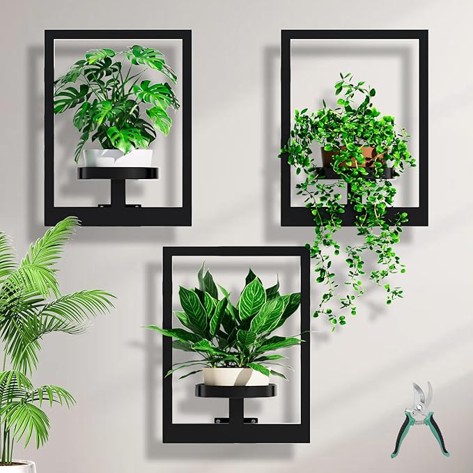 Wall Plant Stand, Metal Picture Frame Hanging Planters for Indoor Plants, Wall Mounted Plant Shelf for Window/Living Room/Bedroom/Entryway/Garden, Free Garden Shears (Square-Black, 3Pcs)