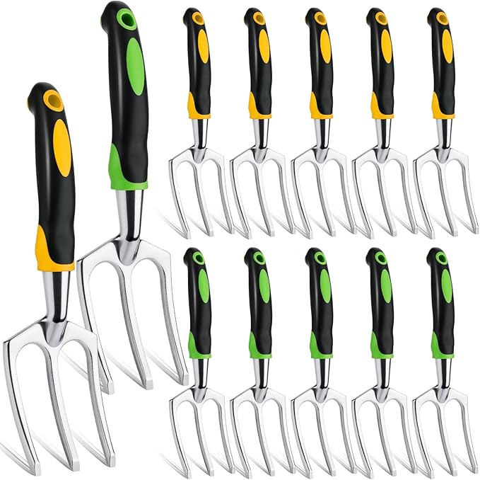 Yaocom 12 Pcs Hand Rakes Garden Tool Mini Heavy Duty Garden Cultivator 11 Inch Small Rake Gardening Hand Tiller with Handle for Digging Weeding Loose Soil(3-Tine Prong Fork,Yellow, Green)
