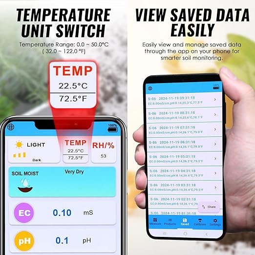 Soil Moisture Meter, 8-in-1 Bluetooth Soil Meter pH/EC/Fertility/Moisture/Salt/Light/Humidity/Temperature Monitoring with Data Logging and Calibration for Gardening, Farming, Indoor and Outdoor Plants