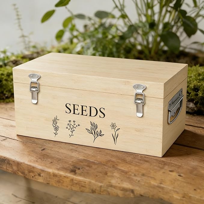 Bamboo Seed Storage Organizer, Large Garden Seed Organizer with Lid & Safety Lock & Handles, Seed Box Includes Seed Envelopes and Labels etc, Great Gifts Gardening Kit (Wood)