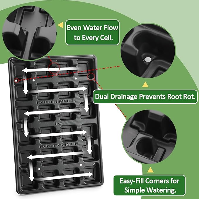 24 Cell Nursery Pots Trays 5 Pack (17"x11"x1.6"), Reusable Plant Pot Tray for Holding 3 inch Square Nursery Pots, Durable Plastic Carrying Seed Starter Tray with Drain Holes (Black)