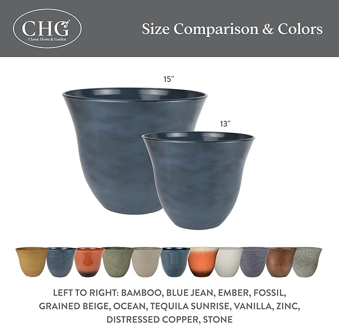 Classic Home and Garden Honeysuckle Resin Planters - Lightweight Indoor & Outdoor Plant Pots - UV-Resistant Plastic Flower Pots - Pot Planters for Flowers & Herbs (15" Stone)
