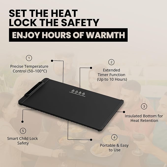 26"x15" Black Electric Food Warming Silicone Mat - 10 sec Fast & Even Heating Tray with upto 10 Hrs Timer, 50-100°C Adjustable Temp, Child Lock & Safety Edge - Portable Warmer Pad for Kitchen & Buffet