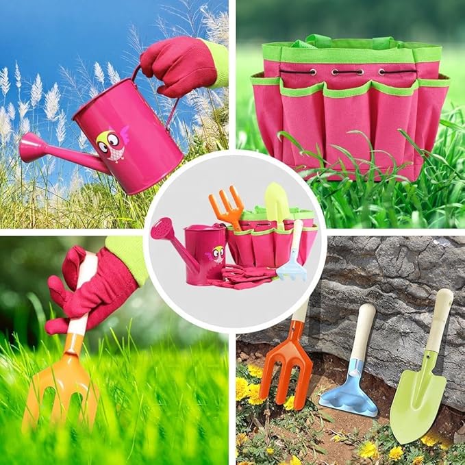 Kids Gardening Tools Kit Includes Sturdy Tote Bag, Watering Can, Gloves, Shovel, Rake, Fork - Children Garden Tool Set -Boy Girls Birthday Gifts (Pink)