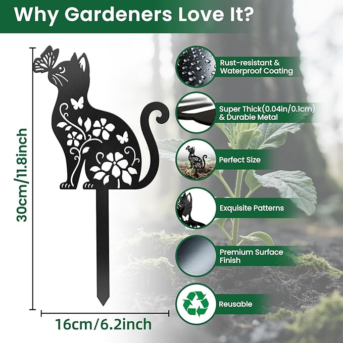 CUTHOLLOW Metal Plant Marker Stake Cat Flowers and Butterflies for Outdoor Indoor, Waterproof 11.8 inch Cute Garden Plant Labels Sign Tag for Herb, Farmhouse Greenhouse Decor - Funny Gardening Gifts