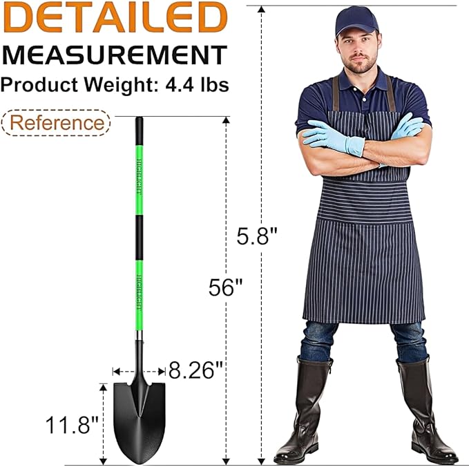 HIGHLIGHT Spade, Heavy Duty Gardening Shovel, Garden Shovel 56 inch for Digging, Round Shovel with D-Handle, for Garden,Beach, Snow, Fiberglass Handle (Green)