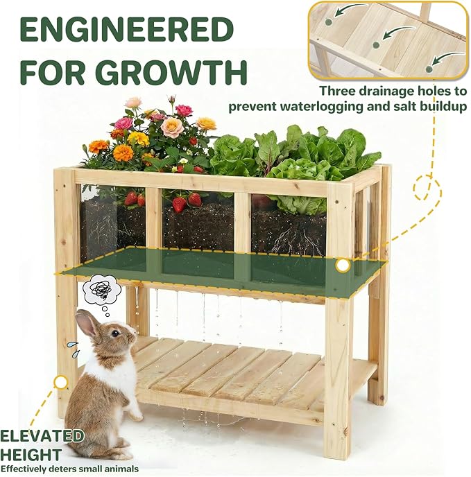 Raised Garden Bed for Small Balcony, 28.3''x16.3''x23.6'' Wood Planter Box with Transparent Window, Drainage Holes, Storage Shelf, Garden Beds Flower Stand Patio Kitchen, Gift for Gardening