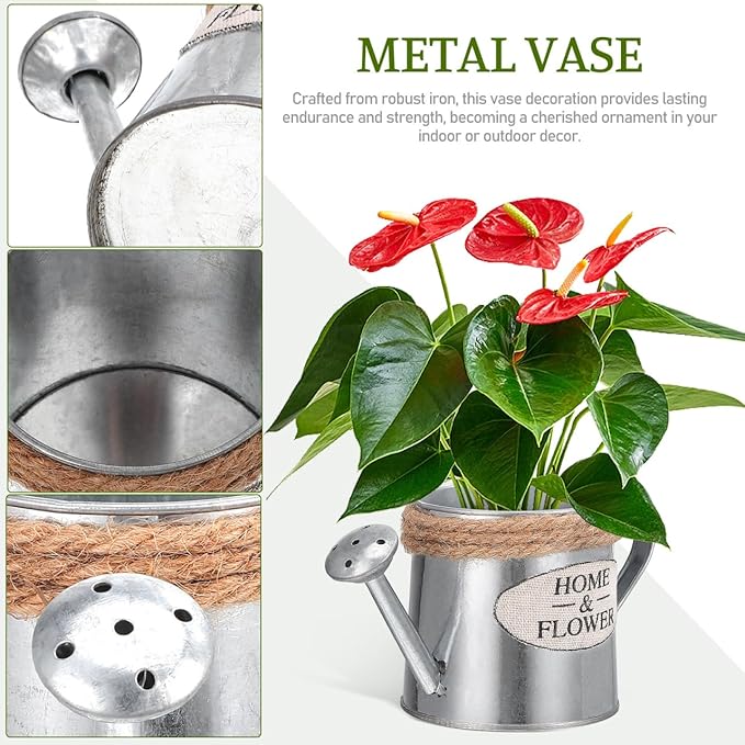 Cabilock 3pcs Rustic Galvanized Metal Vase with Jute Rope Handles - Farmhouse Decorative Flower Pot, Vintage Watering Can Pitcher for Home Decor, Wedding Centerpiece, Tabletop Floral Arrangement