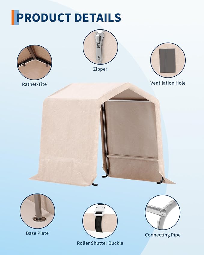 GarveeLife Outdoor Portable Storage Shed with Roll-Up Door & Vent, 240G Heavy-Duty Shelter Waterproof PE Tarp, UV-Resistant Storage Sheds for Motorcycle, Firewood, Garden and Tools (Khaki, 6'x6')