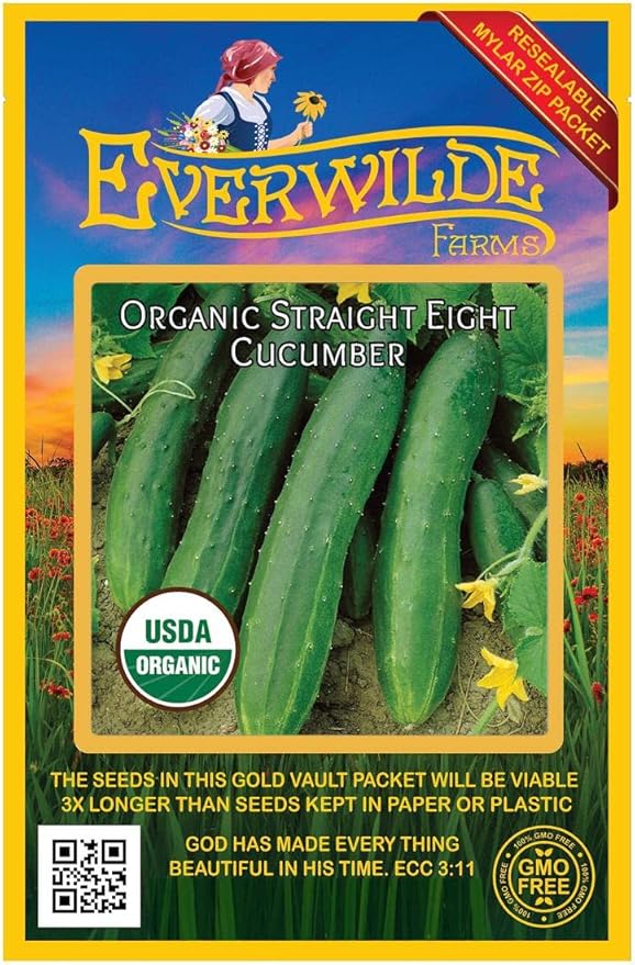 Everwilde Farms - 50 Organic Straight Eight Slicing Cucumber Seeds - Gold Vault Packet