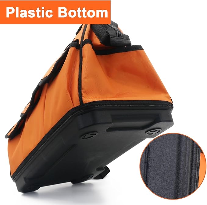 16 Inch Heavy Duty Tool Bag - Molded Plastic Base, Waterproof 900D Oxford Cloth, 16 Pockets Wide Mouth Tool Organizer with Shoulder Strap for Power/Hand Tools (Orange)