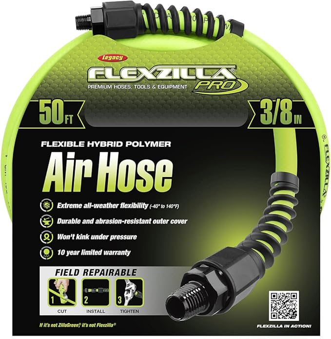 Flexzilla Open Face Retractable Air Hose Reel, 3/8 in. x 50 ft., Heavy Duty, Lightweight, Hybrid, ZillaGreen - L8611FZ & Pro Air Hose, 3/8 in. x 50 ft, Heavy Duty, Lightweight, Hybrid, ZillaGreen
