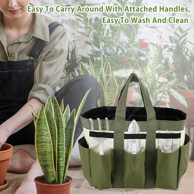 Garden Tool Bag Organizer, Tote Storage Bag with 8 Pocket, Heavy Duty Oxford Garden Tote Caddy, Gardening Tool Kit Holder for Indoor and Outdoor, Gifts for Men Women