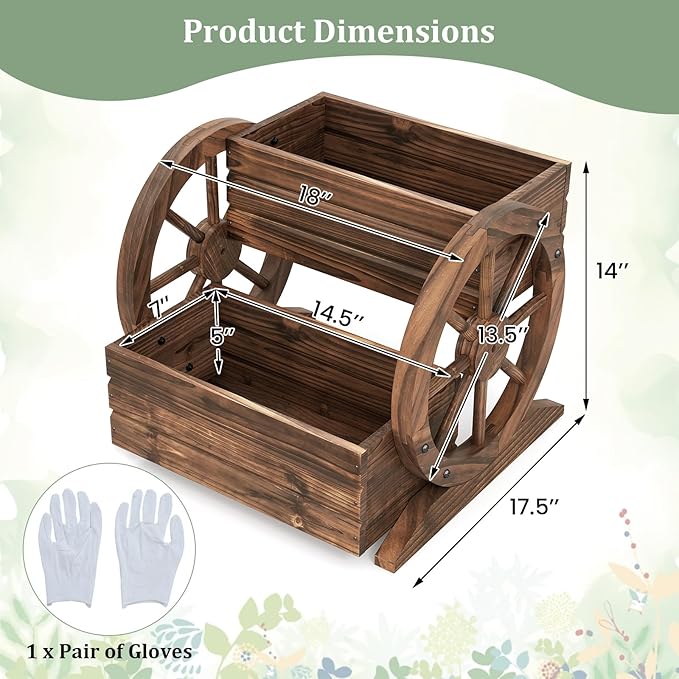 Giantex Wooden Wagon Planter Box, Garden Planter with Drainage Holes & Wheels for Flowers Herbs Vegetables, Indoor Outdoor Decorative Flower Cart for Patio Garden Balcony (2)