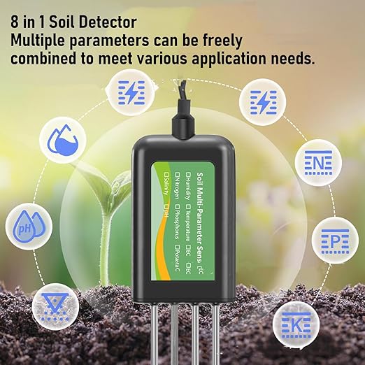 8 in 1 Soil Tester, IP68 Soil Meter for NPK, pH, Light, Temperature, 316L Stainless Steel Probe, Digital Soil Test Kit for Garden, Farm, Lawn, Greenhouse Plants