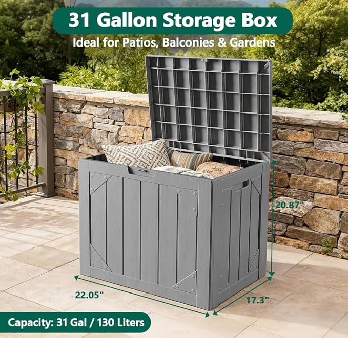 Outdoor Storage Box - 31 Gallon Waterproof Resin Deck Box, Lockable Patio Storage Bench for Package Delivery, Cushions & Garden Tools, UV Resistant (Grey, 31 Gal)