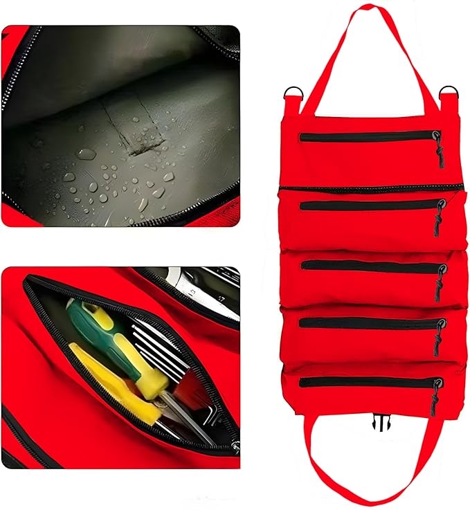Roll-Up Tool Storage Bag, Nylon Gardening Organizer with 5 Pockets, 11x18 Inch, Portable Hanging Design for Outdoor Maintenance, School, Work (54hong)