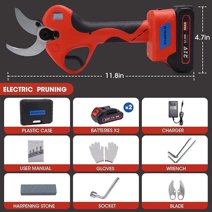 Electric Pruning Shears,2 inches (50mm) Cutting Diameter,Cordless Pruning Shears with LCD Display,2pcs 2000mAh Rechargeable Lithium Battery, 2pcs Upgraded SK5 blades