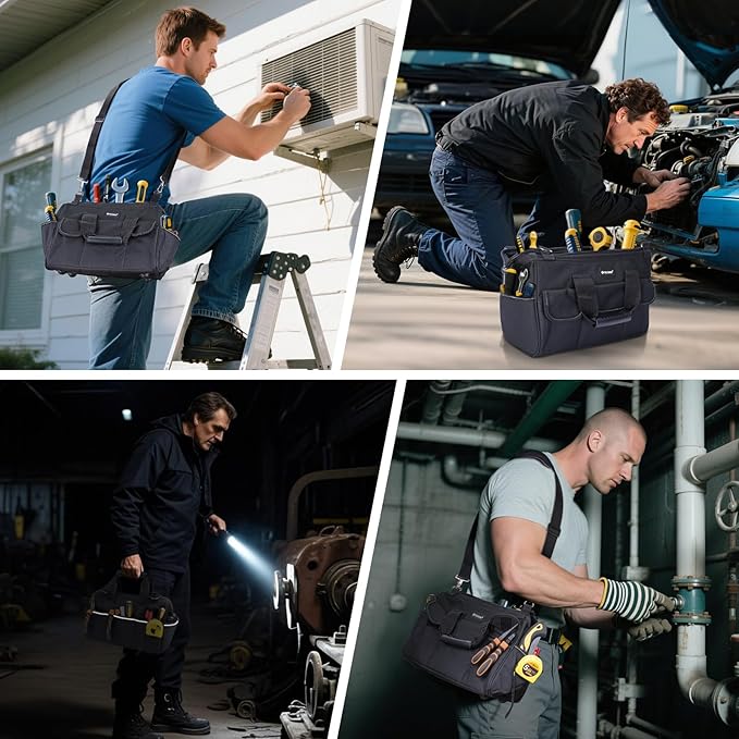 TICONN Heavy Duty Tool Bag with Multi-Pockets, Portable Tool Box Organizer Storage Bag, with Adjustable Shoulder Strap and Ergonomic Handle (Black, 14" Standard Base)
