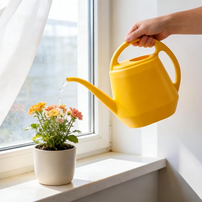 Plastic Watering Can with Long Spout and Handle,1 Gallon Large Watering Cans for Greenhouse,and Indoor,Yellow