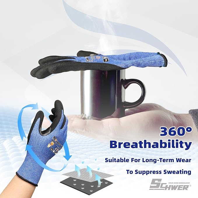 Schwer 6 Pairs ANSI A4 Cut Resistant Work Gloves with Extreme Lightweight & Thin, Sandy Nitrile Touchscreen Safety Working Gloves with Grip, 3D-Comfort Fit, Flexible and Breathable, M, AR3900