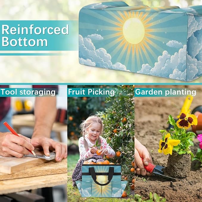 Garden Tool Bag Organizer Garden Tote Bag with Pockets Sunshine Clouds Tool Storage Organizer Gardening Tool Kit Holder 13" x 6.8" x 2.8"