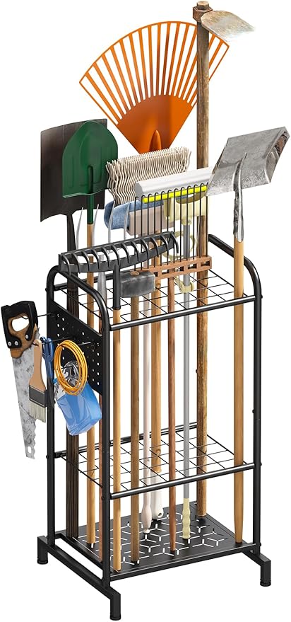 viewcare Garden Tool Organizer, Garden Tool Rack and Storage, Up to 35 Long-Handled Tools/Rakes/Brooms, Heavy Duty Steel Stand for Yard, Shed, Outdoor, Black