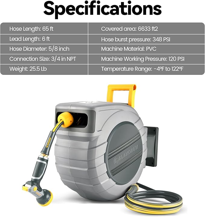 GLAHODEN Retractable Garden Hose Reel 5/8 in x 65 ft, 2025 Upgraded Dual Ratchet Lock UV & Freeze Protection Brass Seal Slow Retraction Anti-Tangle Hose 180°Swivel Reinforced Scaffold Wall Mount