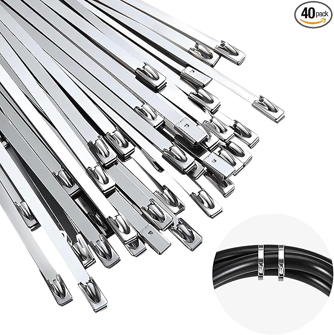 24 Inch Metal Cable Zip Ties, Stainless Steel Zip Ties Long,500 Lbs Heavy Duty Self-Locking Strap Ties, Steel Cable Tie, 40 PCS Strength for Exhaust Wrap, Garden Ties, UV Resistant Cable Ties