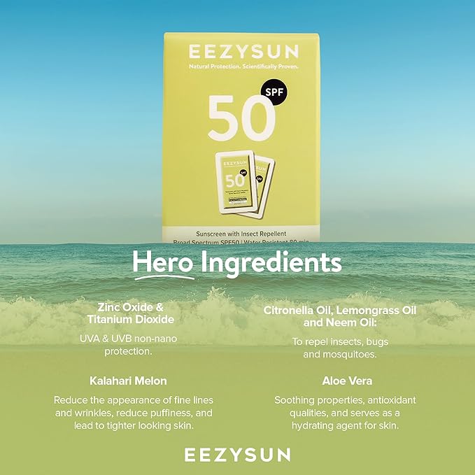 SPF 50 Sunscreen and Insect Repellent Snap Packets - Sunscreen Travel Size Bug Repellent with Citronella Oil, Lemongrass, and Neem Oil - Reef-Safe Repellent - 10 Snap Packets (0.27 fl oz each)