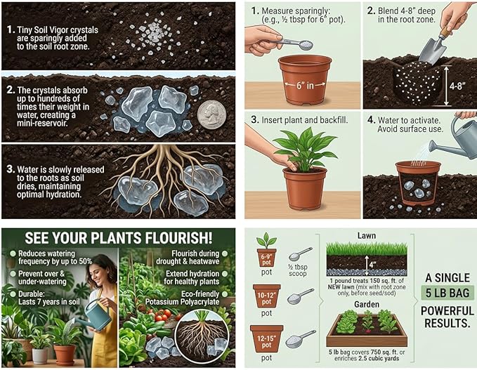 Water Storing Crystals – Commercial Grade Soil Additive & Moisture Retainer – Potassium Polyacrylate Super Absorbent Polymer for Plants, Gardens & Lawns (1)
