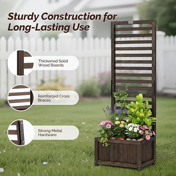 VINGLI Wooden Planter with Trellis, 51" Height Elevated Garden Beds Outdoor, FreeStanding Planter Box with Drainage Holes for Flower, Vegetable, Fruit, Herb in Garden, Patio, Balcony - 2PCS