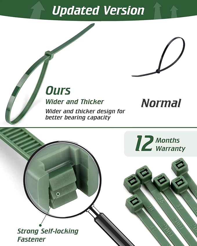 PA66 Green Zip Ties, 400pcs 12+10+8+4 Inch Heavy Duty Cable Zip Ties, Premium Self-locking Nylon Cable Plastic Ties Decoration Tie Wraps for Christmas Tree Holiday Lights Gardening Plants Grid Wall