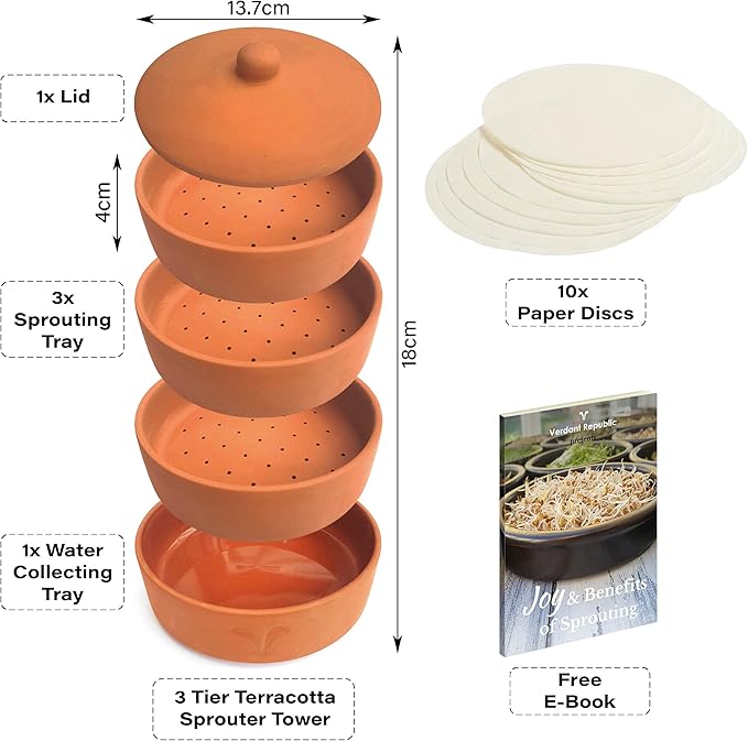 Clay Sprouter Kit | Terracotta Tower with 3 Shallow Germinating Trays, Paper Discs & Free E-Book | 2 in 1 Sprouting Trays Ideal for Germinating Sprouts and Microgreens