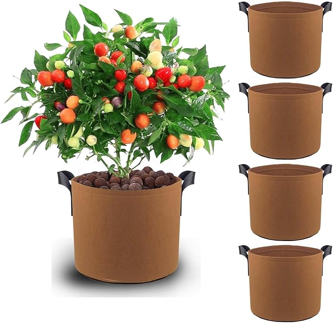 3 Gallon Breathable Fabric Grow Bags 5pcs Set Brown Reusable Planter Pots with Handles for Outdoor Gardening Vegetables Flowers Herbs Tomato Strawberry Raised Bed Plant Container Aeration
