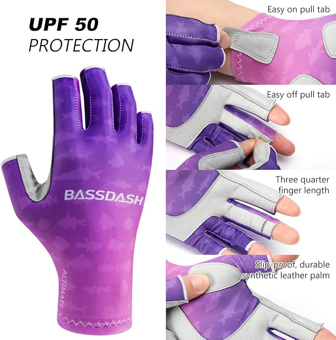 BASSDASH ALTIMATE UPF 50+ Women’s Fishing Gloves UV Sun Protection Fingerless Gloves for Kayaking Paddling Hiking Cycling Driving Shooting Training