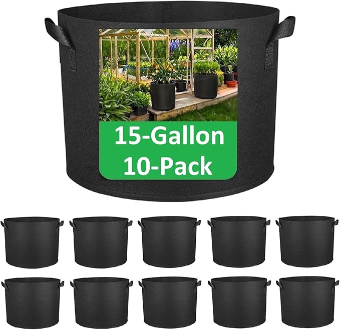 15-Gallon Grow Bags, (10 Pack) Thickened Aeration Fabric Growing Pots Planters with Handles for Planting Vegetables Plants, Black