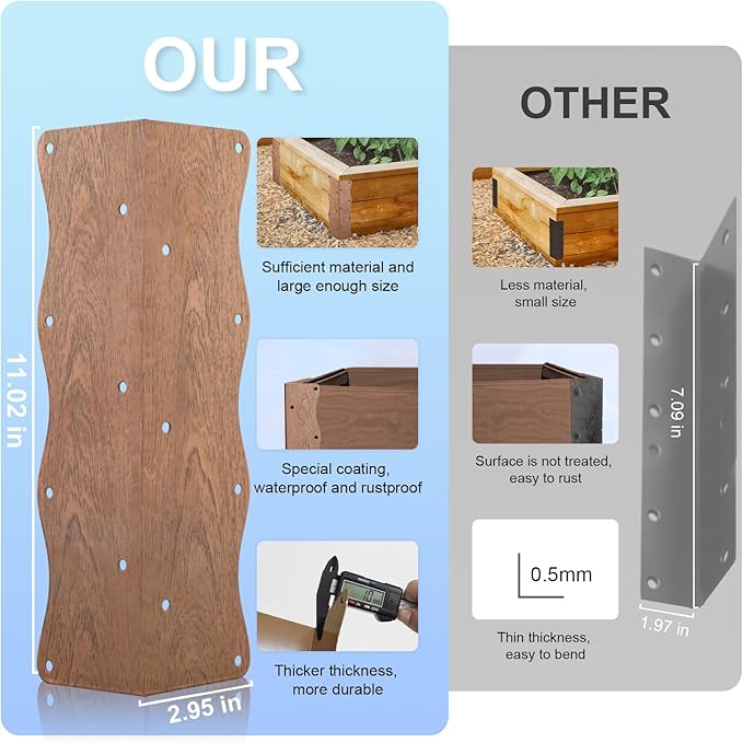 Set of 8 Raised Garden Bed Corner Brackets with Wood Screws, Rust Resistant Metal Connectors 11" x 3" x 3" for 20"-24" Beds, Raised Bed Corners for Vegetable Planter Garden Wood Grain