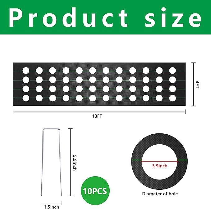 CODREE 2 Pcs Heavy-Duty Garden Weed Barrier - 13 x 4 Ft Landscape Fabric with Planting Holes - Weed Control Gardening Mat with 12 Ground Nails