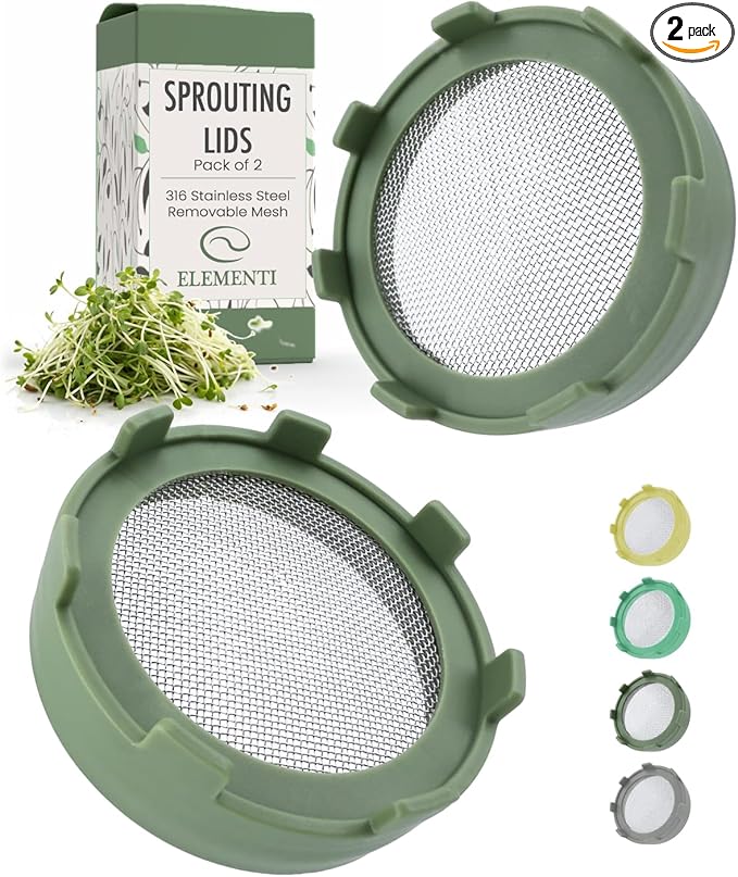 Elementi Sprouts Growing Kit for Wide Mouth Mason Jars, Set of 2 Sprouting Lids for Organic Alfalfa & Mung Bean Sprouts Grow Kit, 316 Stainless Steel Mesh Screen Strainer Lid (Sage Green)