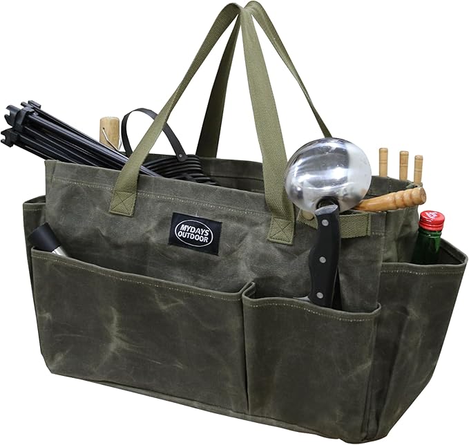 Portable Garden Camping Tool Storage Bag,Waxed Canvas Firewood Carrier Tote bag,Collapsible Sturdy Garden Basket Great for Women, Gardener, Electrician, Repairer(Army Green)