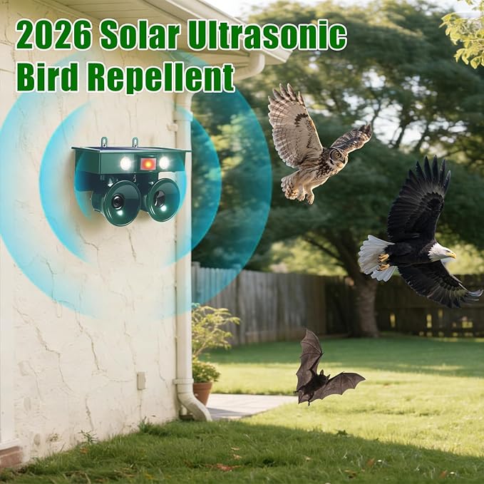 Solar Ultrasonic Bird Repellent Devices Pigeon Repeller Outdoor with Flash Light, Ultrasonic Animal Stopper Device with Motion-Sensor, Bird Repellent to Keep Birds Away from Patio Balconies Farm