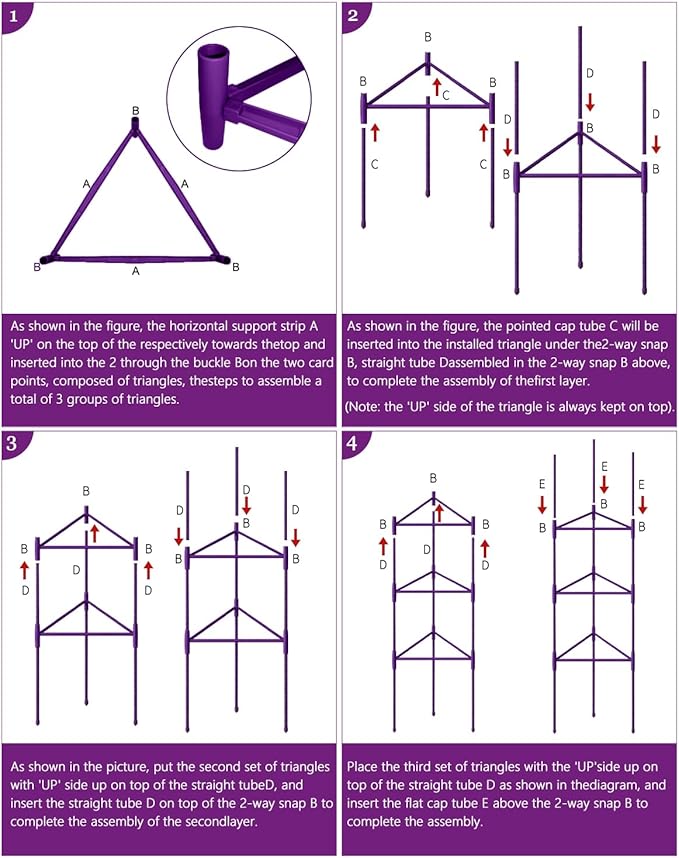 Growsun 51 inch Tomato Cage Heavy-Duty Plant Support Cucumber & Vine Vegetables – Adjustable Purple Metal Garden Trellis for Climbing Plants, Indoor & Outdoor Use, 3 Pack